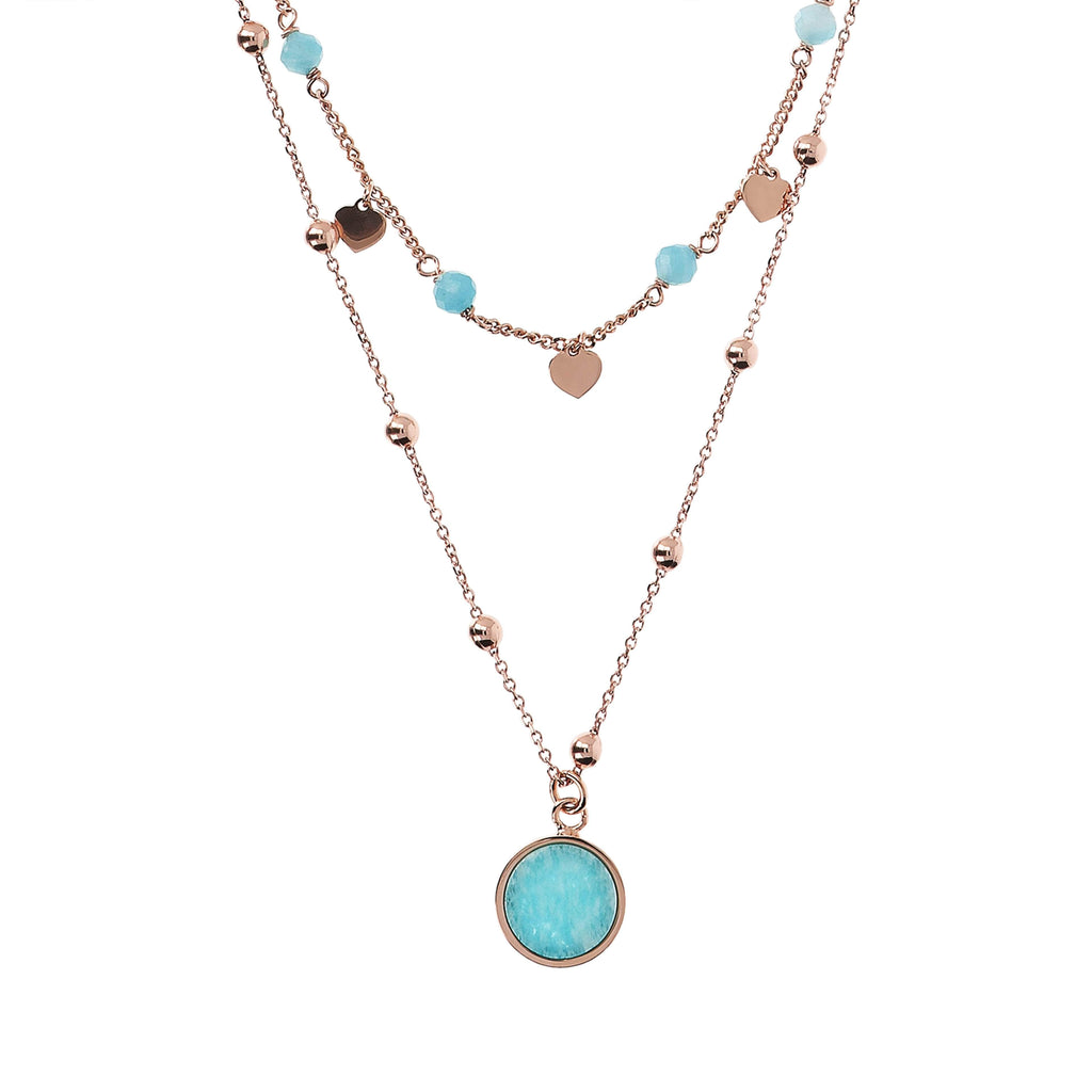 Bronzallure Two Strands Necklace with Natural Stone and Golden Rose Hearts Necklace Bronzallure Amazonite  